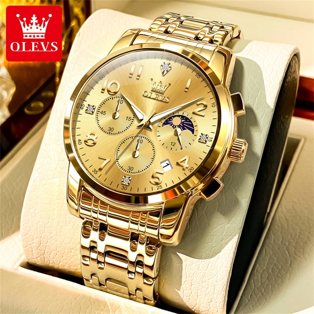 OLEVS Mulitifunction Quartz Watch for Men Original Stainless Steel Waterproof Luminous Chronograph Moon Phase Man Watch