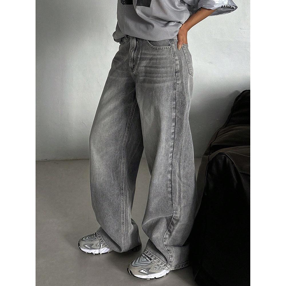 Women's Spring/Fall Drapey Straight-Leg Vintage-Style Jeans Loose-Fit High-Waisted Wide-Leg Casual Long Pants