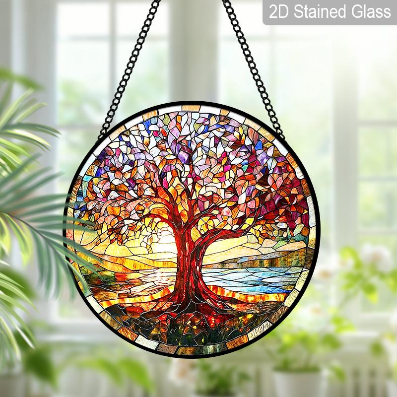 2D Flat Stained Glass Red Tree of Life Window Decoration, 7.87inches Lighting Colored Glass Plate with Chain, Charming Spring Summer Sun Catcher Home