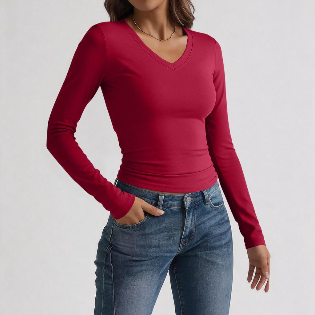 Women's Slim Fit V Neck Long Sleeve T Shirt Stretchy Milk Silk Fabric Soft Texture Basic Layering Top