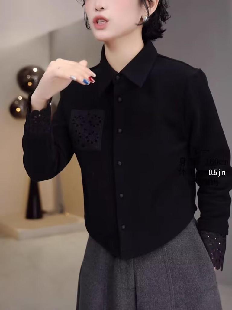 Double-Sided Velvet Lace Lapel Cardigan: Solid Color, Long Sleeve Women's Autumn/Winter Top