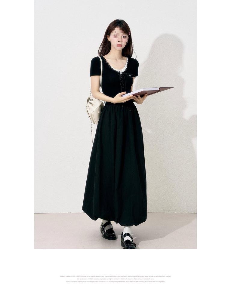 Women's A-line Short Sleeve Dress, 2025 Summer: Wild Berry Patchwork, Cinched Waist, Slim Fit, Elegant Long Length