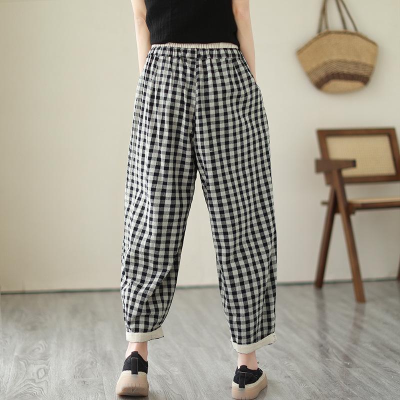 Danmo Women Casual Ankle-length Pants Autumn Vintage Style Plaid Pattern Loose High Waist Female Harem Pants