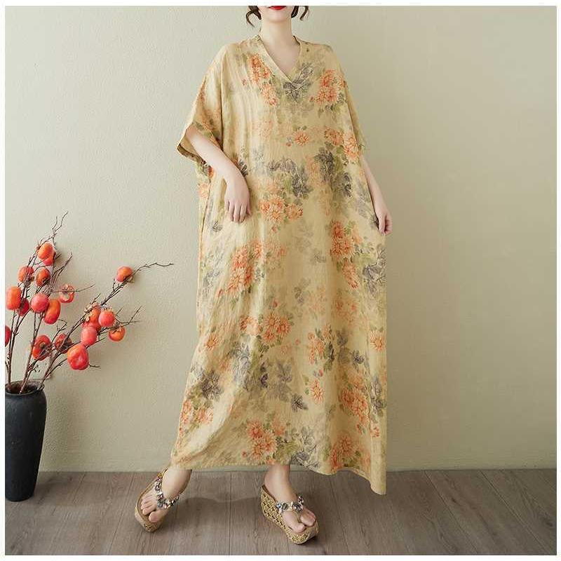 Kvinners Vintage Lang Kjole med Bomulls- og Linputter