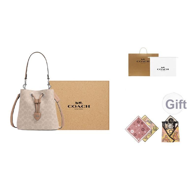 Coach Rowan 22 Logo Classic Faux Leather Bucket Bag Women Handbags Sand-Yellow Gray-Brown CBH07-SVPWH