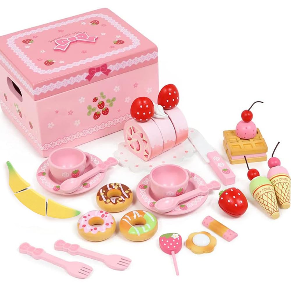 

Mother Garden Wooden Pretend Play Set, Wild Strawberry Sweet Cafe Ribbon Tea Set with Cake, 441-27774