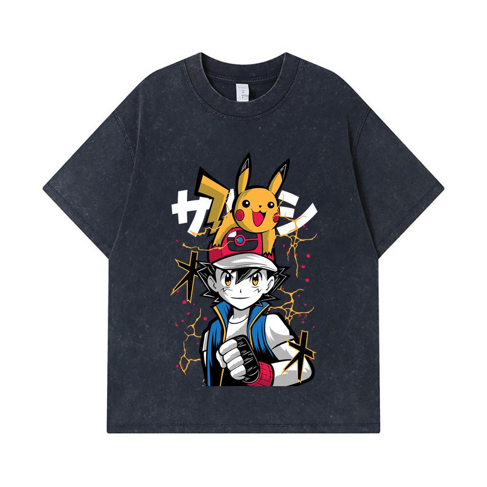 275 GSM Gewaschene T-Shirts 100% Baumwolle Pokemon V2 Ash Print Unisex Schweres Baumwoll-T-Shirt