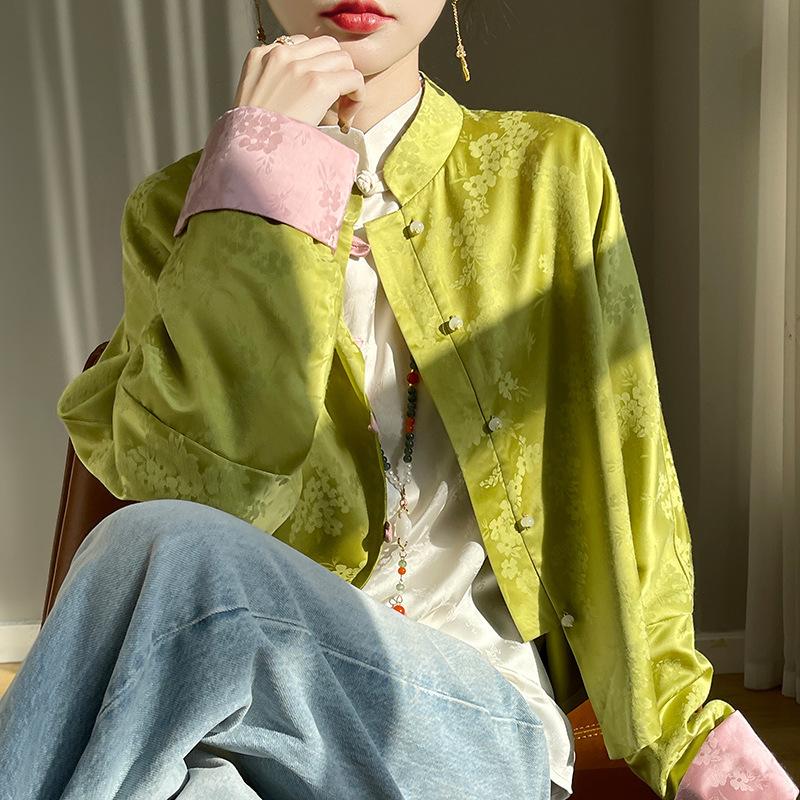 2024 Spring/Summer Women's Chinese Style Satin Jacquard Stand Collar Shirt