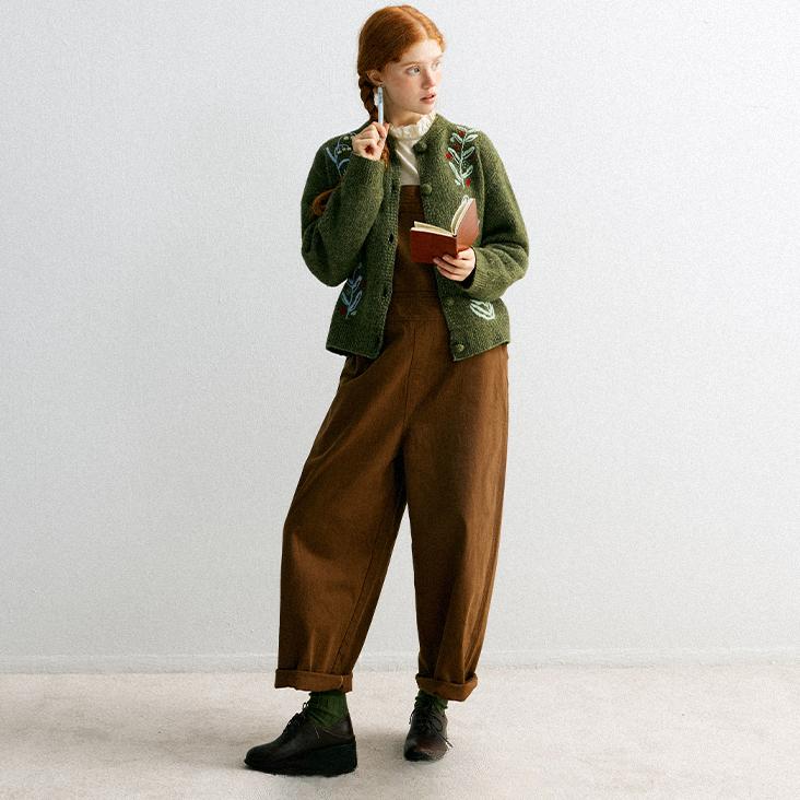 Dimanaf 2025 Autumn Green Sweaters Cardigan Pockets Women Embroidery Pattern Printing Buttons Sweaters Knitting Loose Sweater