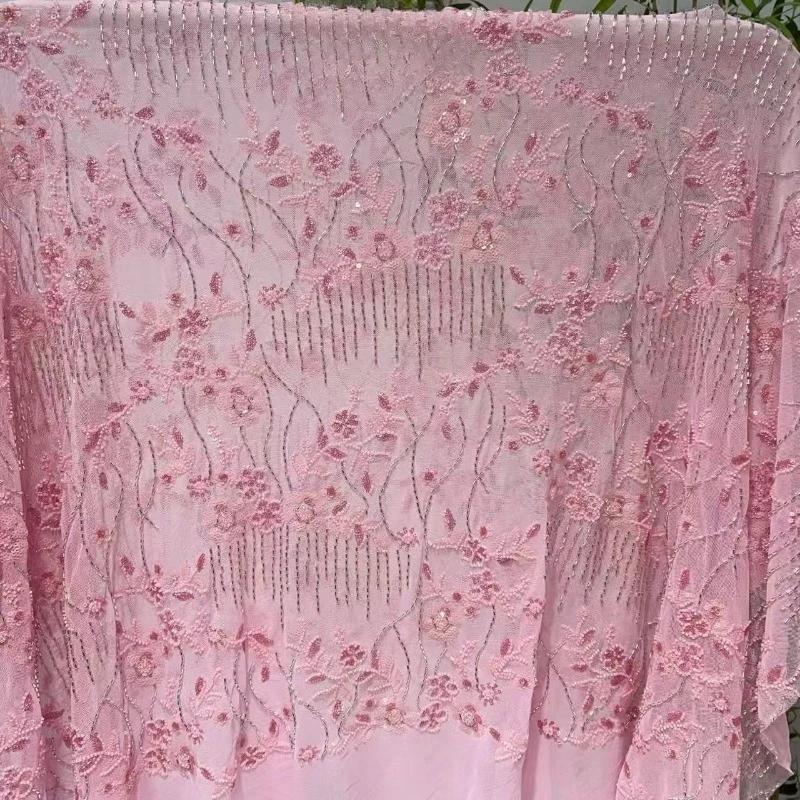 Elegant Beads Sequins Lace Fabric Sequins Embroidered Lace Fabric Diamond Fringe Wedding Dress Material for Clothing