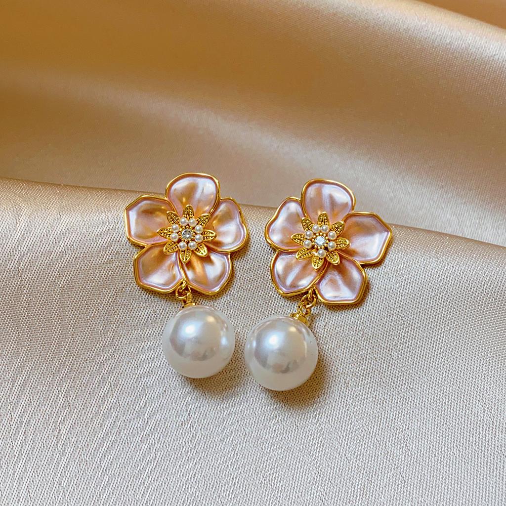 Silver Needle Zircon Pearl Oil Drop Flower Stud Earrings French Retro Court Style Earrings Light Luxury High-end Earrings