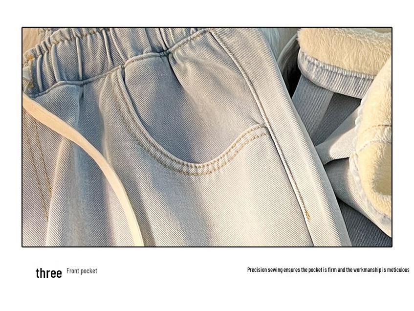 Women's Fleece-lined Straight-Leg Jeans, Petite Wide-Leg, Elastic Waist, Cotton, 2025 New Winter Style, Ideal for Autumn and Winter