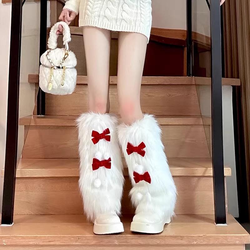 New Year'S Red Plush Leg Cover Autumn And Winter Warm Stacking Socks Spice Girl Fur Calf Socks Bow Fluffy Socks Cover