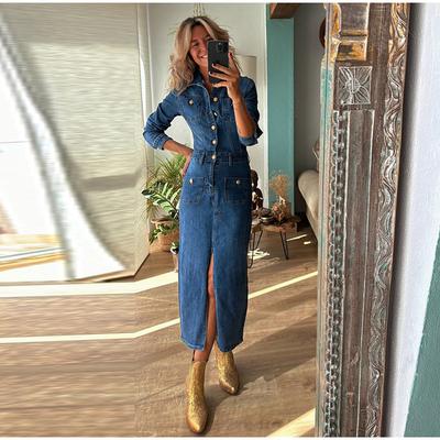 Denim Style Solid Color Patchwork Party Dress Women 2025 Spring Autumn Turn-Down Collar Simple Maxi Dresses Long Sleeve Fashion Ladies Dress