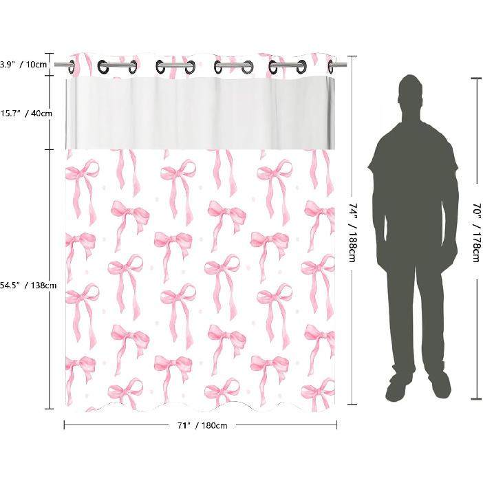 No Hook Pink Bow Shower Curtain and Liner Set Cute Shower Curtain with Snap in Liner Fabric Bathroom Curtain with Liner Set Double Layers Waterproof