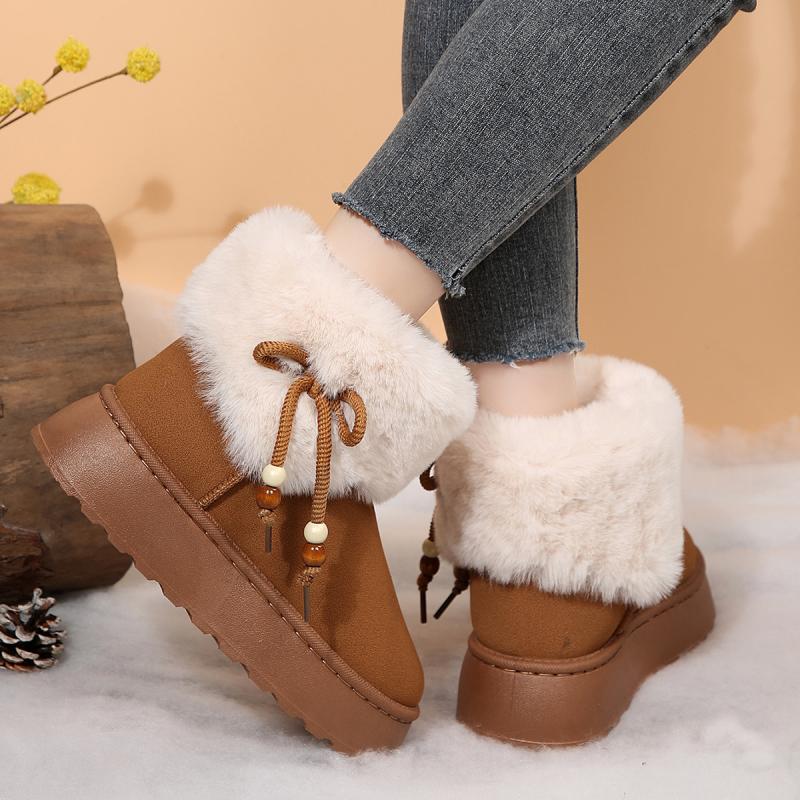 Sweet Beaded Bowknot Decoration Furry Snow Boots Women 2025 Winter Soft Thick Bottom Non Slip Fur Booties Warm Short Plush Boots