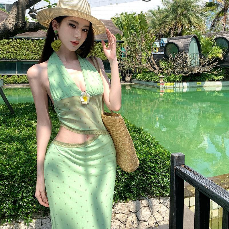 Green field polka dot dress French cold sense matcha green polka dot mesh cut slim dress S