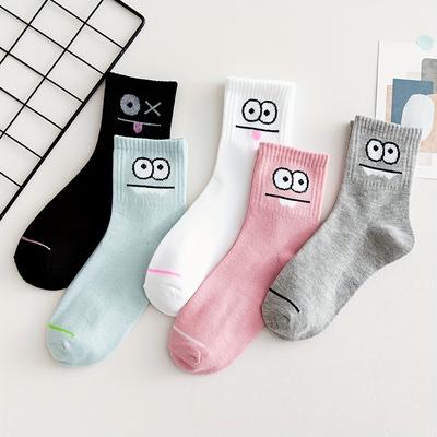 5 Pairs Women's Cartoon Face Socks - Breathable Mid-Calf with Playful Eyes Nose Mouth, Pastel Spring Fall Cute Socks