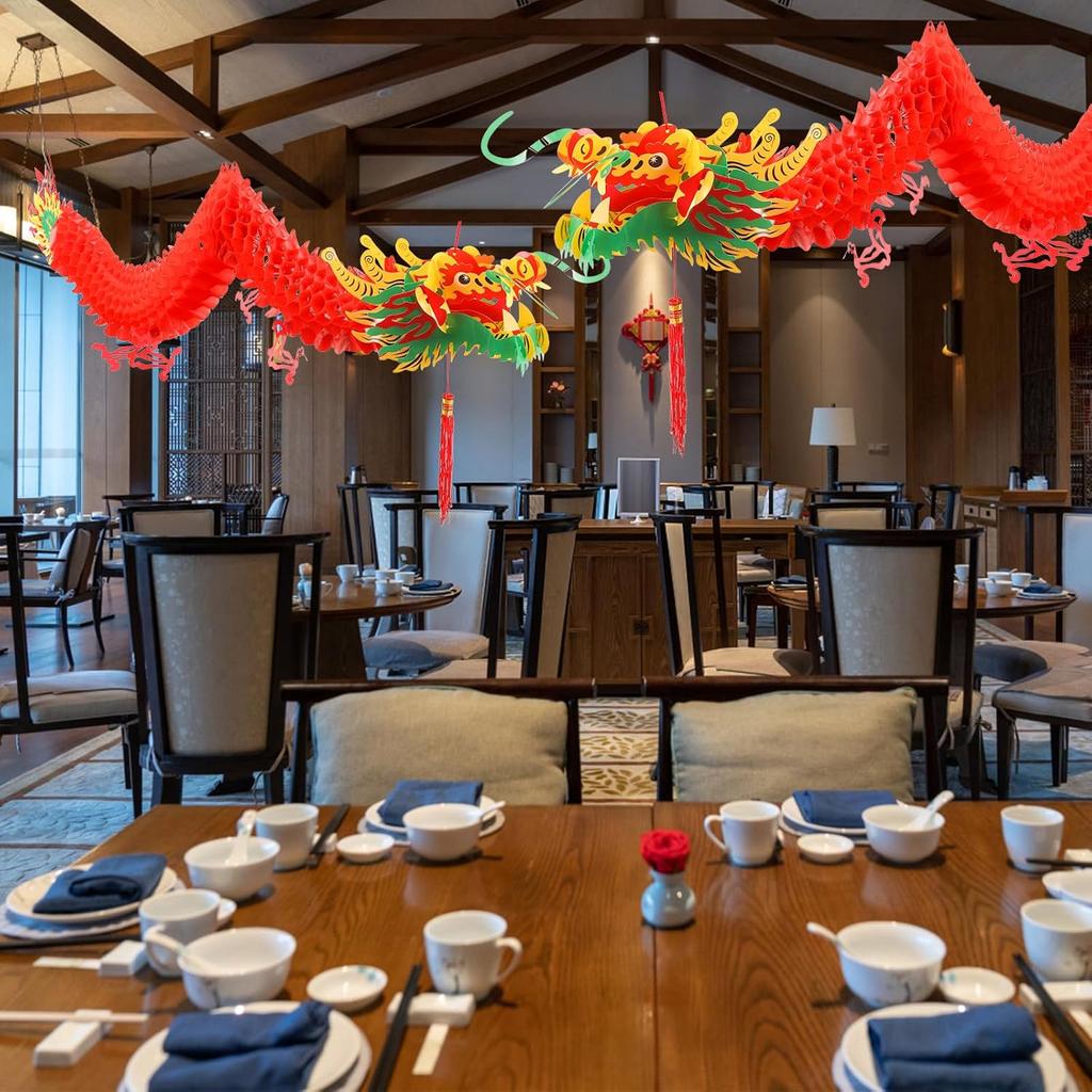 2pcs Chinese New Year Dragon, Chinese Dragon Garland Hanging Decoration with 1 Lantern for Spring Festival Lunar New Year Party Home, Shops,