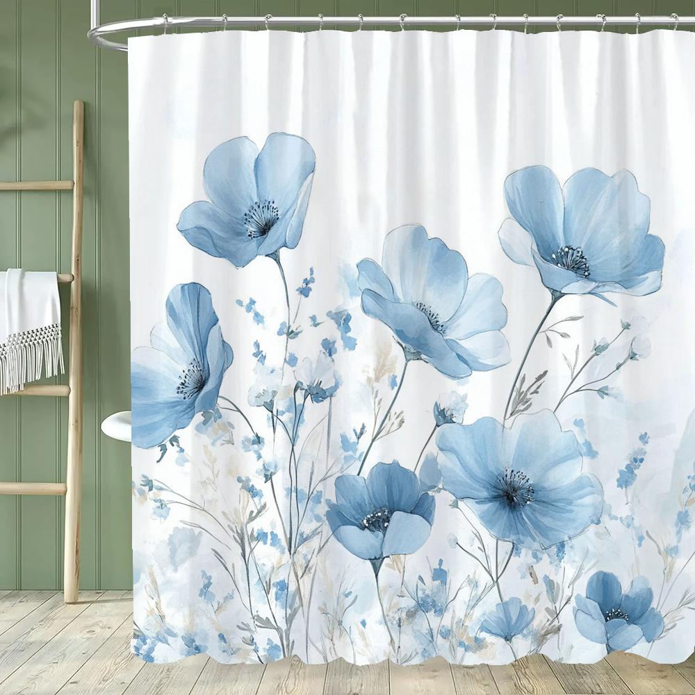 Black And White Flowers Printed Shower Curtain Partition Privacy Hanging Floral Bathroom Curtain With Hooks Decoration Curtain