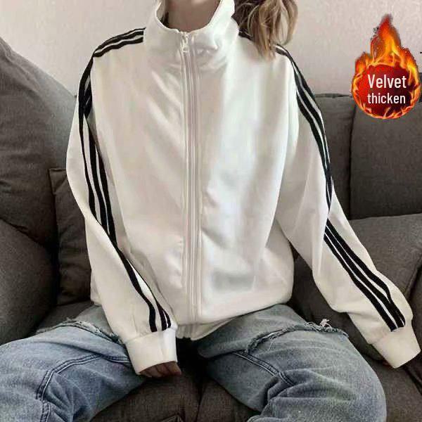 Hongxinjie Women's Korean-Style Black Baseball Jacket - Lightweight Spring/Summer Three-Bar Design for Students, Loose Fit