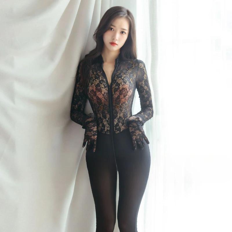Women Sexy Tights Bodystocking Lace See-Through Lingerie With Gloves Transparent Zipper Open Crotch Jumpsuit Erotic Sleepwear