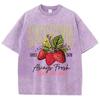 Damskie bawełniane prane T-shirty All-Math z okrągłym dekoltem, postarzane, z krótkim rękawem, z nadrukiem truskawek kalifornijskich, letnia odzież damska