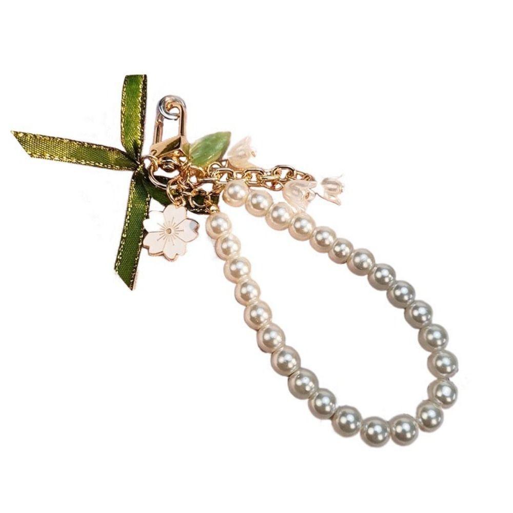 Pretty Green Ribbon Bow Key Chain Ins Pearl Strap Key Ring Bell Orchid Pendant Keychain  Girl
