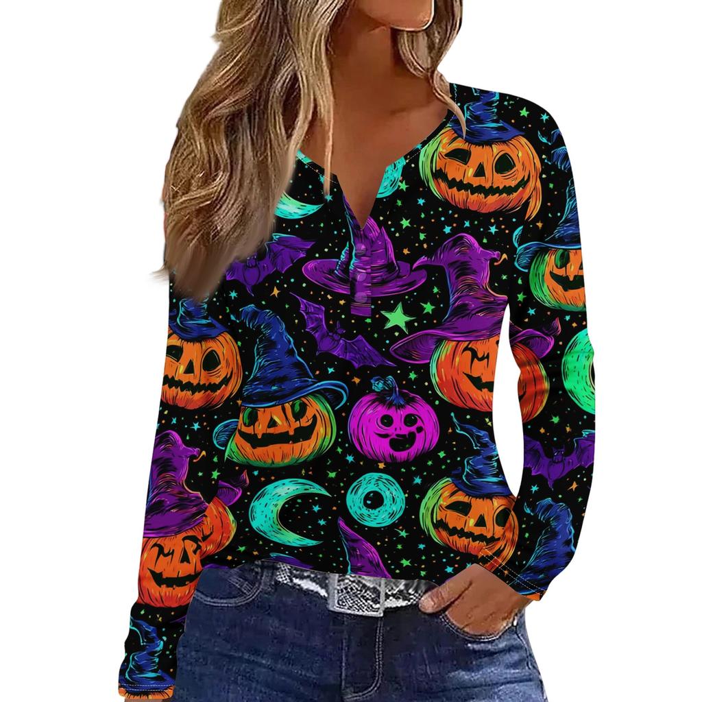 Women's Halloween Print V-Neck Long Sleeve T-Shirt with Button for Casual Holiday Wear