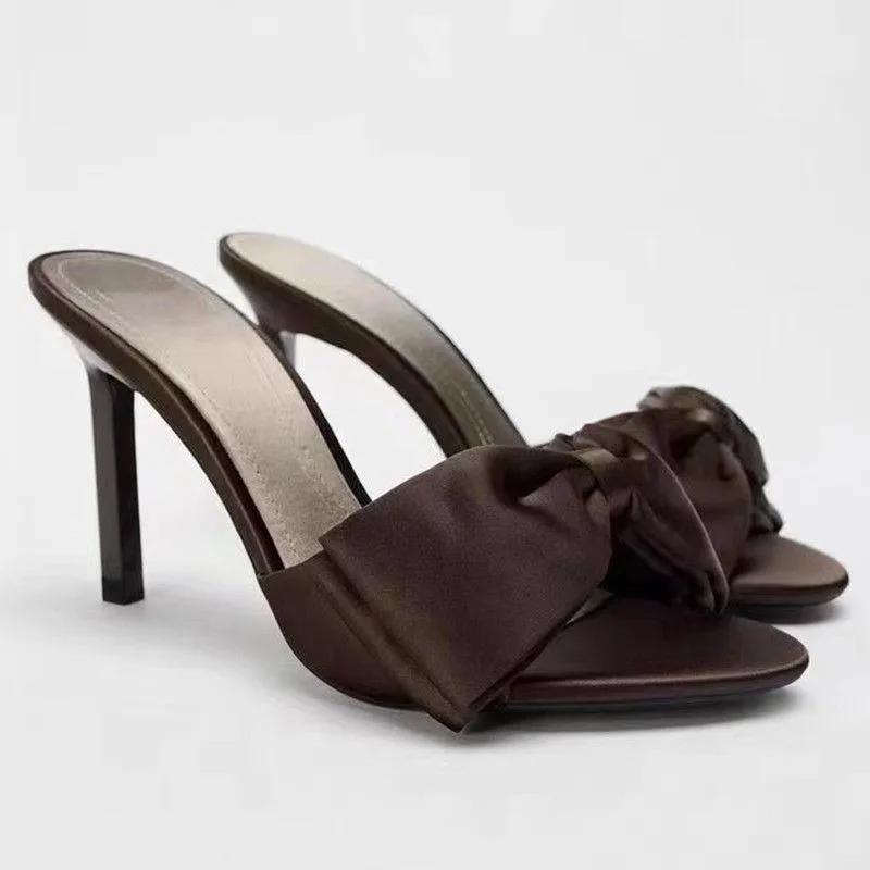 Temperament Stiletto Slippers Summer New Round Toe Open Toe Bow Cover Foot Non-slip Wear-resistant One-line High Heel Shoes