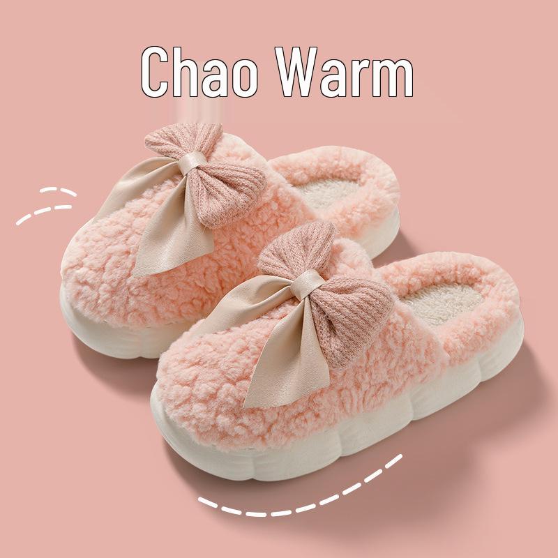 Women's Plush Cotton Slippers with Sweet Bow, Thick-Soled for Indoor Autumn/Winter 2026