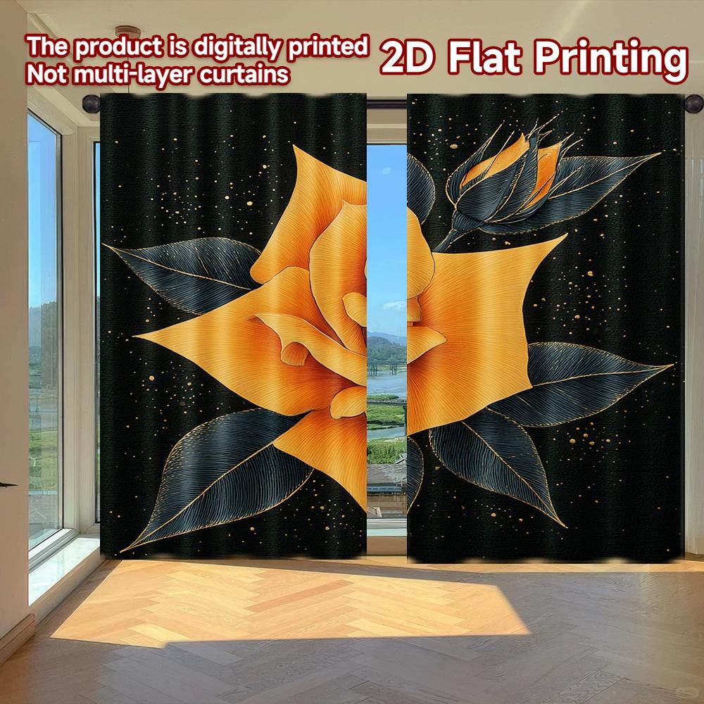 

2D FLAT PRINTING 2pcs Curtains (Without Rod) Golden Rose Blooming Holiday Women is Day Printed Curtains Prints Light Filtering 100*130 HOOK 1pcs