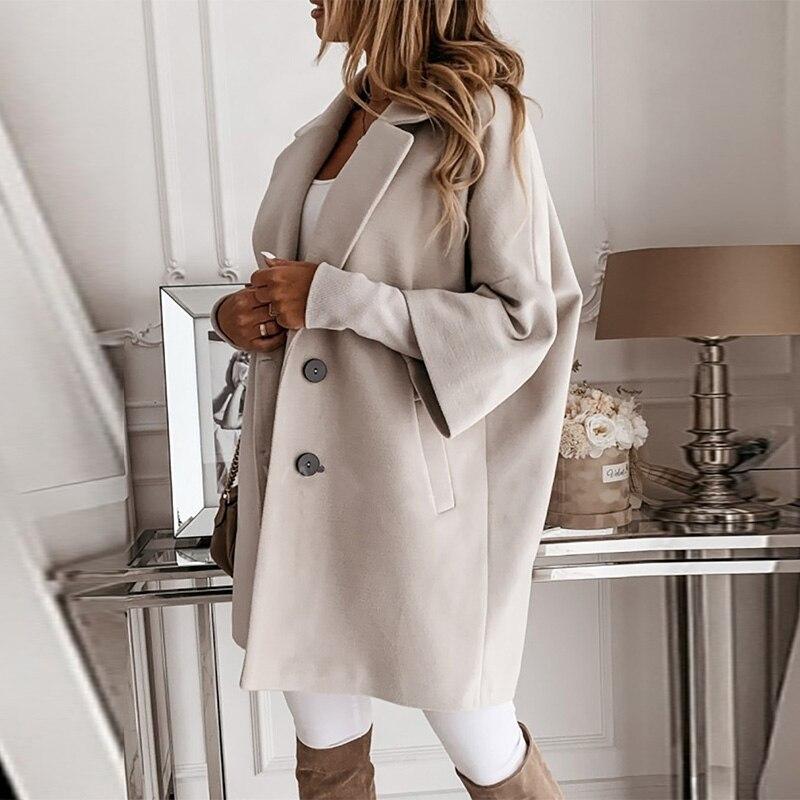 Lady Elegant Turn-down Collar Button Woolen Coat Fashion Women Autumn Loose Tops Outerwear Winter Long Sleeve Pocket Jacket