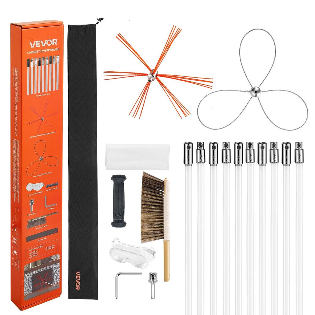 Chimney Sweep Kit, 10m Maximum Extendable Length Chimney Brush, Chimney Cleaner Sweeper with Dual Brush Heads, Brush & Goggles, Fireplace Cleaning