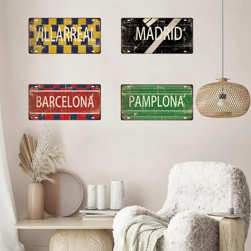 Spain City Metal Sign Licenses Plate Plaque Metal Vintage Tin Sign BARCELONA/MADRID/SEVILLE Flag Bar Pub Man Cave Club Poster