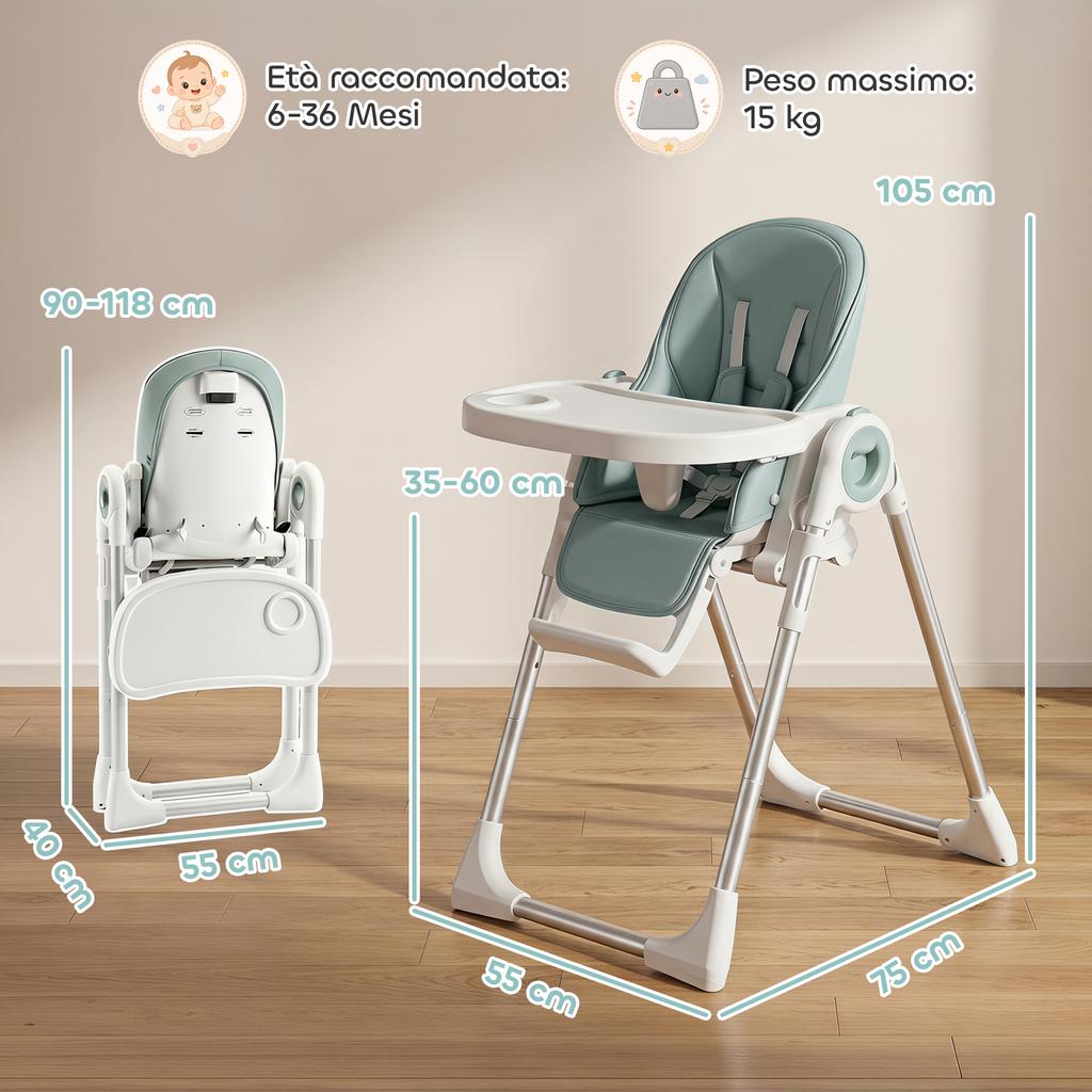 Folding High Chair, 6-36 Months, Adjustable Height, Double Washable Tray, Wheels, Green