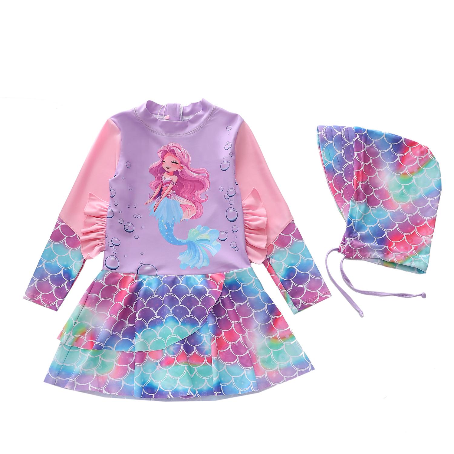 Girls  Long Sleeve Mermaid Princess Swimsuit - CPC Certified One-Piece for Children 4XL (130-140cm, 55-65kg)