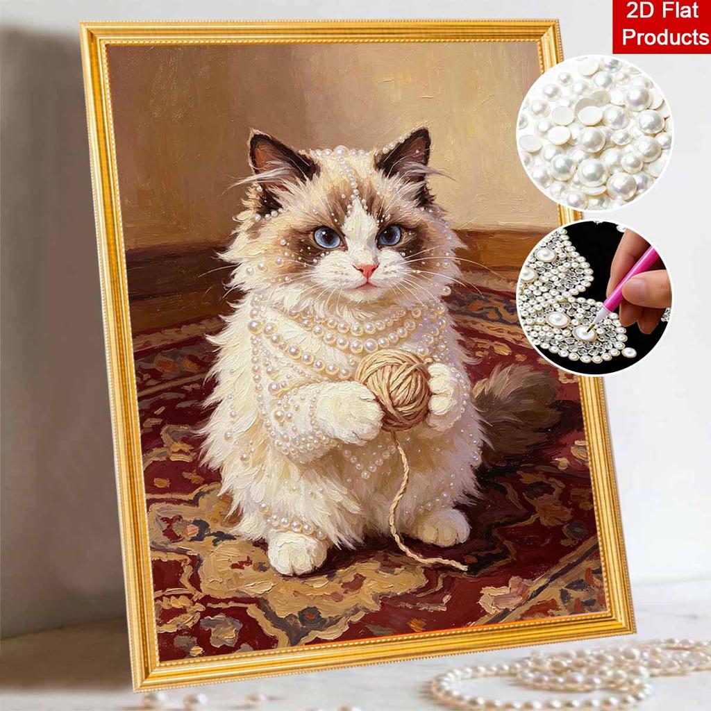 Stretched Frame Pearl Art Kit Adorable Cat With Yarn Pattern DIY Sparkling Bead Canvas Relaxing Hobby Gift for Handcraft Enthusiasts Collection