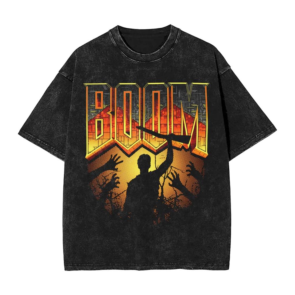 Ciemna Koszulka Oversize z Efektem Sprania Streetwear Yk Doomguy Dooms Eternal Slayer Cacodemon Koszulki Mężczyźni Kobiety Bawełna Graficzny Nadruk