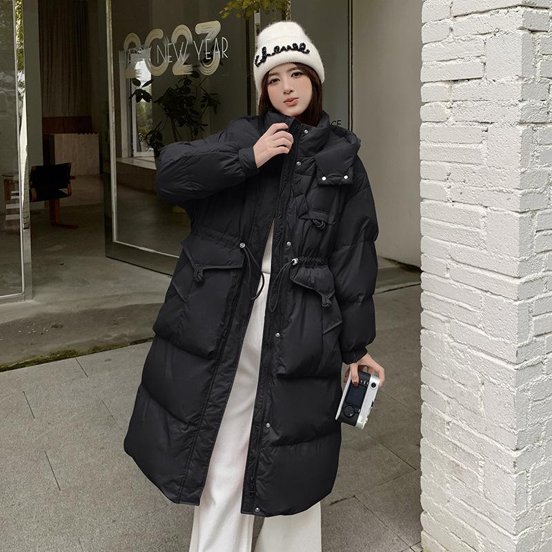 Winter new product loose hooded white duck down jacket women's thickened long waist thin button large size coat