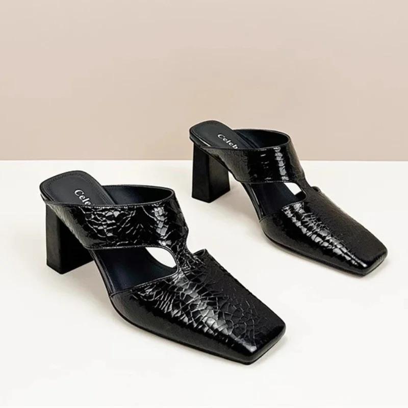 

Модные туфли на высоком каблуке, женские тапочки, элегантные мюли, обувь с квадратным носком, босоножки на каблуке, летние туфли-лодочки 2025, классические туфли-слингбэки, женские тапочки 39 чёрный