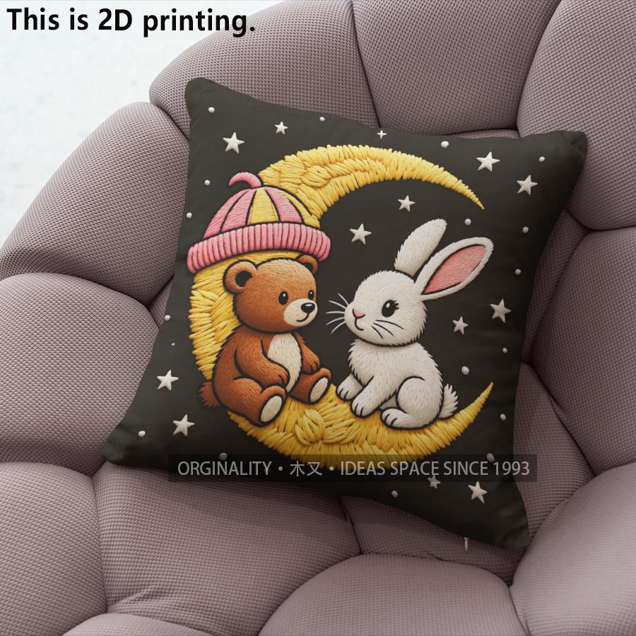 Cute Moon Bear Rabbit Print Throw Pillow Covers Pattern Cushion Cover Suitable For Sofa Bedroom Car Pillow Cover