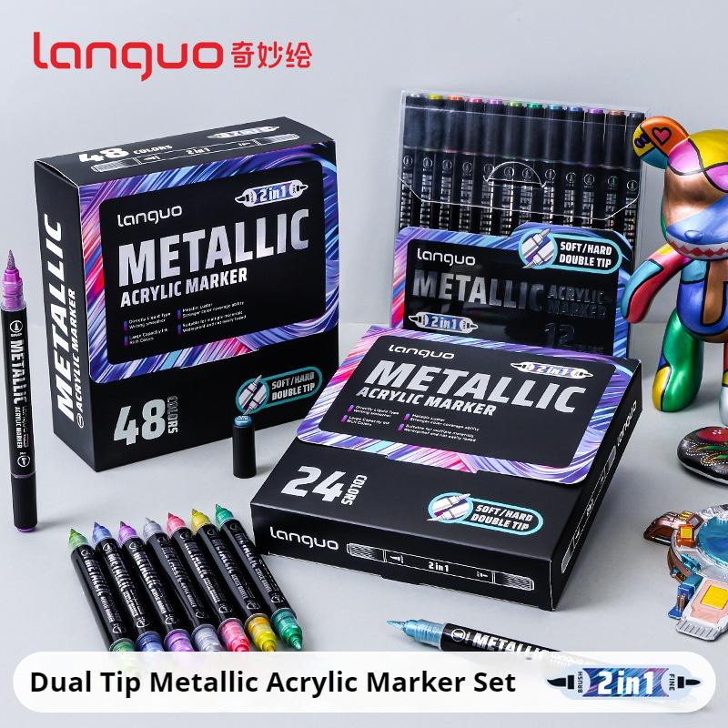 LANGUO Acrylic Paint Markers 12/48 Colors Dual Tip Metallic Marker Pen Set for Black Cardboard Doodle Writing Glitter DIY Crafts