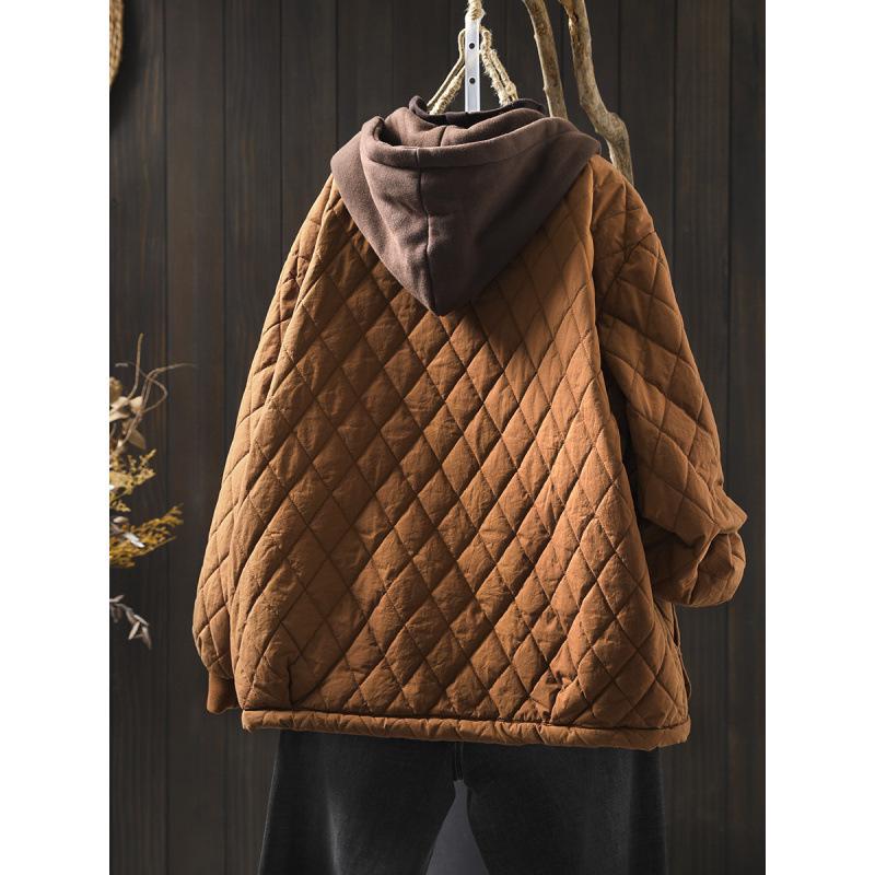Damen Übergröße Kapuzen Steppjacke aus Baumwolle mit großen Taschen - Lässiger lockerer Schnitt, Dick gefütterte Oberbekleidung.