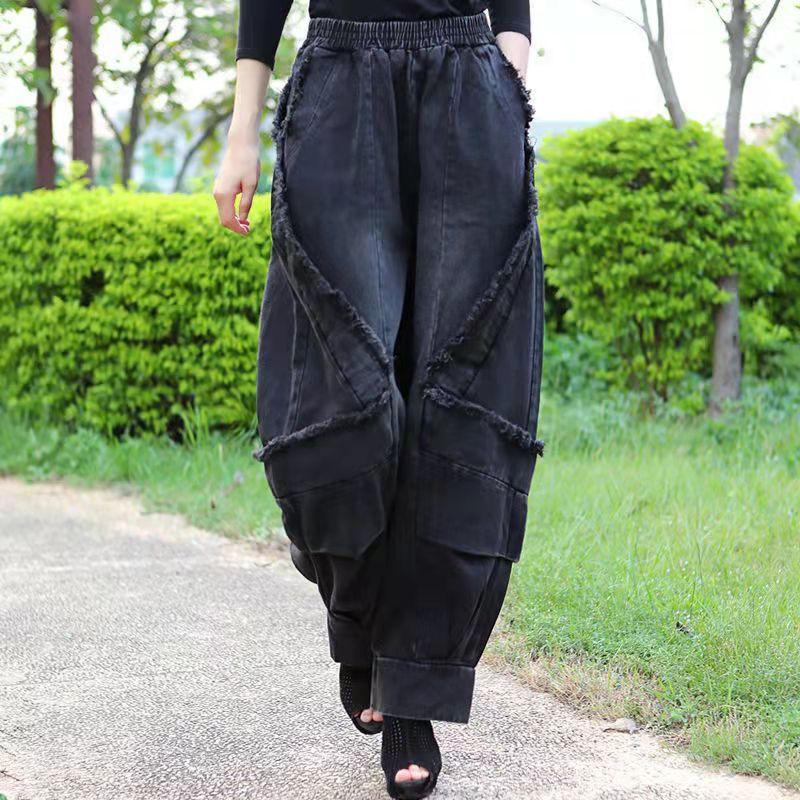 Jeans Noirs à Jambes Larges Pantalons Harlan Amples Mode Décontractée Longueur Totale Taille Haute Imprimé Patchwork Poches Jeans Vêtements pour Femmes Printemps