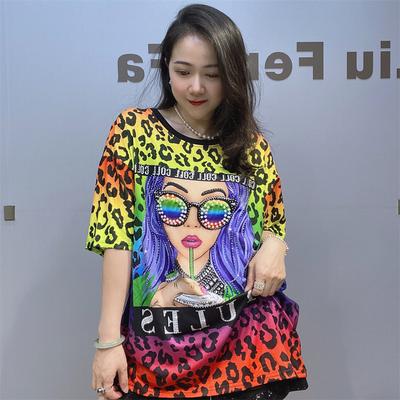 Fashion Leopard Print T Shirts Women Summer Clothes Casual Character Pattern Diamonds Beading Short Sleeve Tops