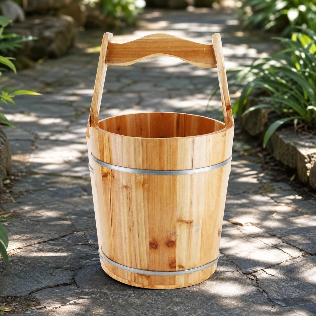 Tapered Wooden Water Bucket Rustic with Carrying Handle