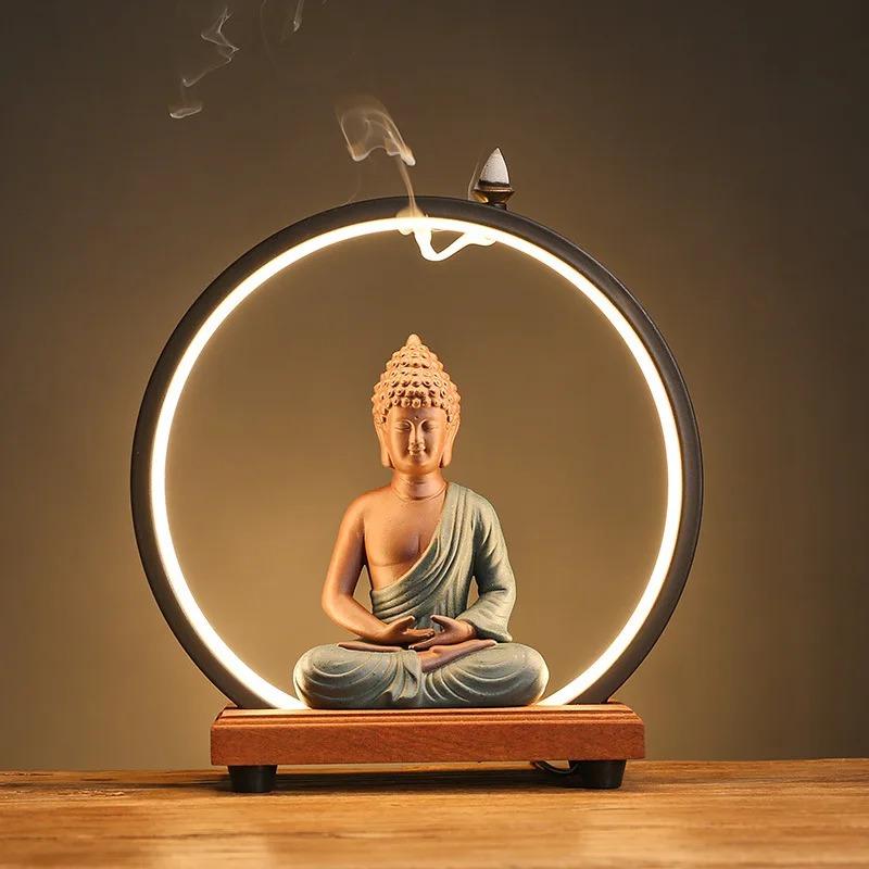 Backflow Incense Burner Indoor LED Light Ring Purple Sand Buddha Zen Ornament Living Room Decoration Tea Ceremony Accessories