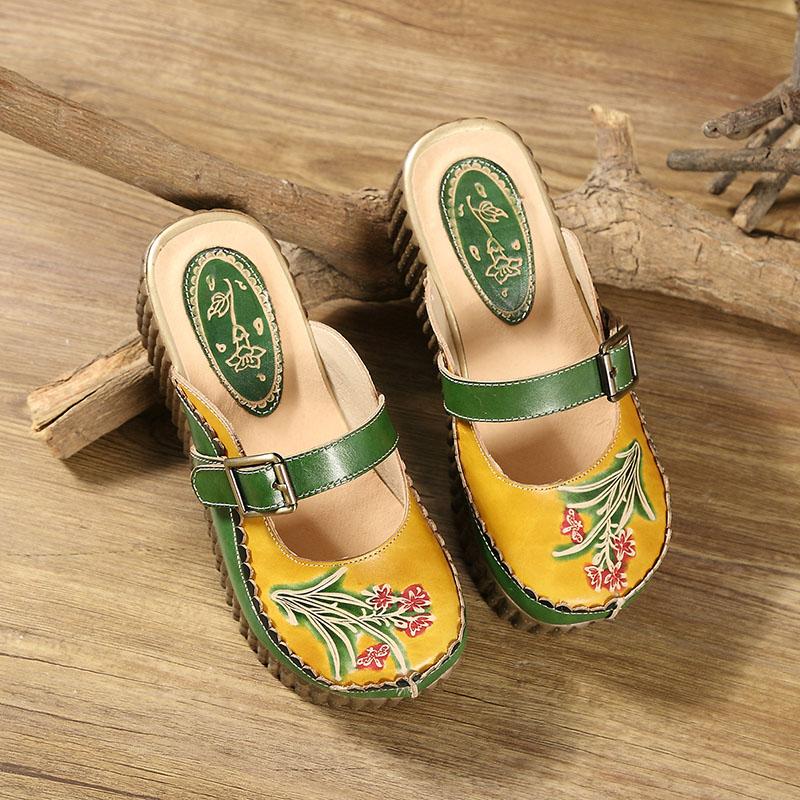 Fashion GKTINOO 2025 Wedge Slides Shoes Women Cover Toes Buckle Flower Cut Out Summer Female Genuine Leather Platform Slippers