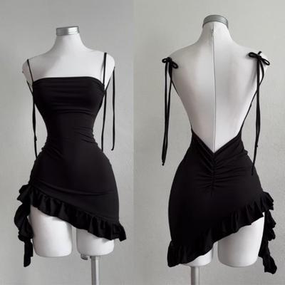 Móda Léto Sexy Bez zad Ramínka Šaty Ženy Elegantní Bez zad Skládané Šněrovací Přiléhavé Párty Nepravidelné Krátké Bokové Šaty Ženské Volánové Oblečení